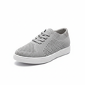 Women's light grey flyknit sneaker 3/4 front angle view showing knit texture and white rubber sole