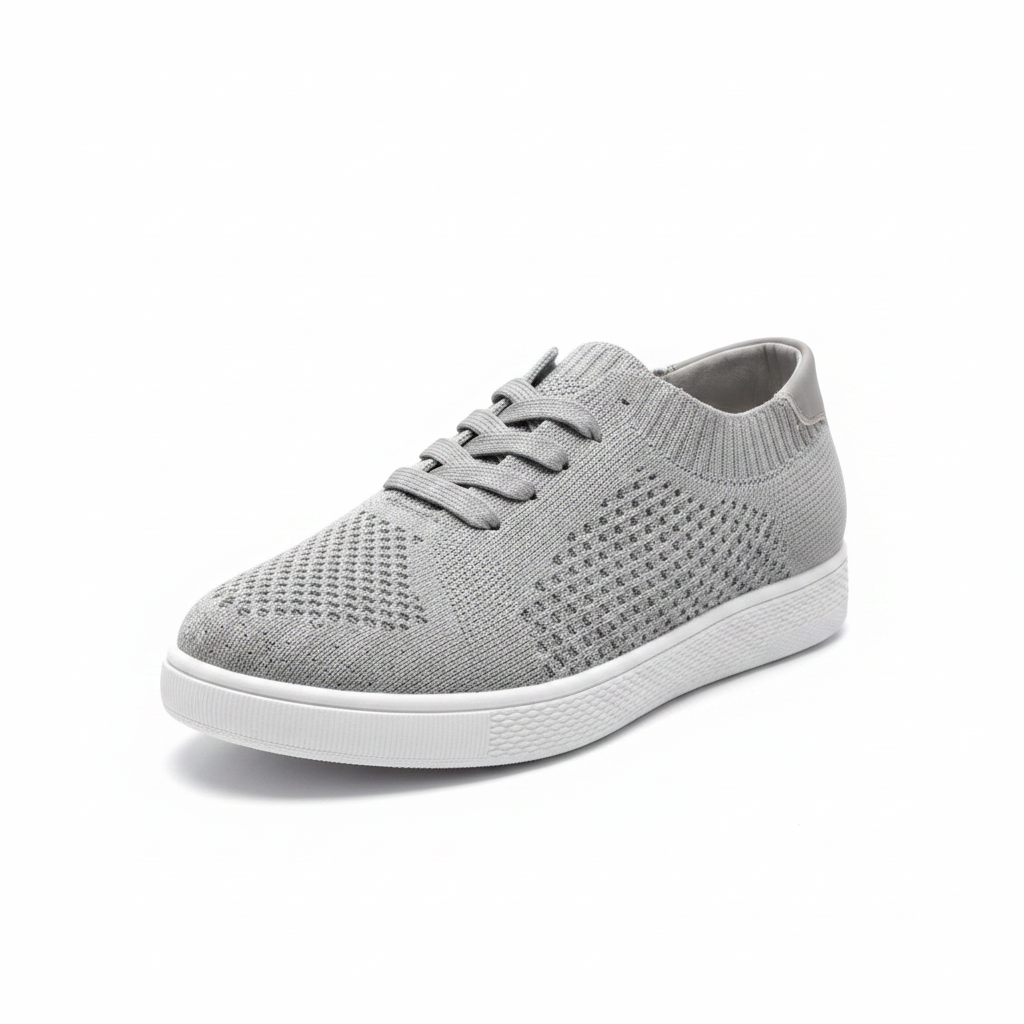 Women's light grey flyknit sneaker 3/4 front angle view showing knit texture and white rubber sole