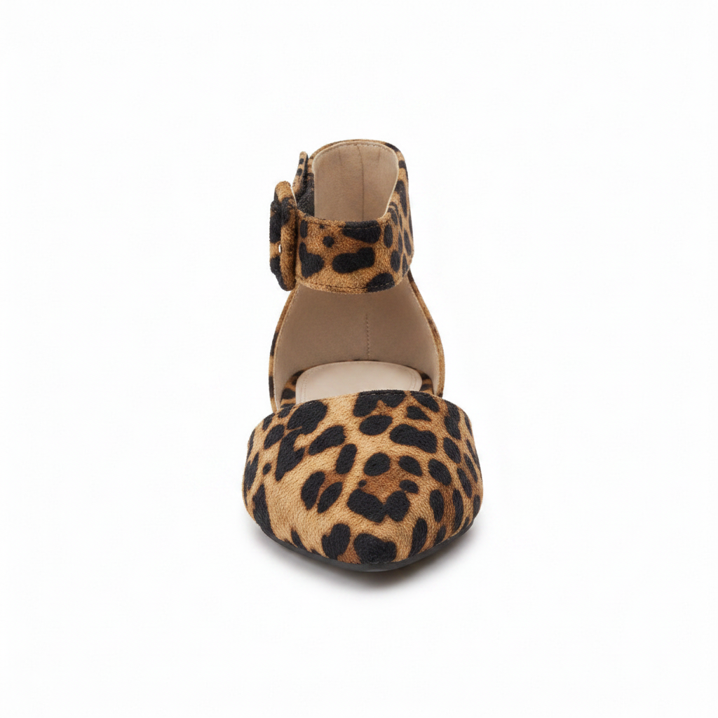Faryl Robin BLUSH-100 leopard ankle-strap flat, straight front view showing pointed closed toe on white background