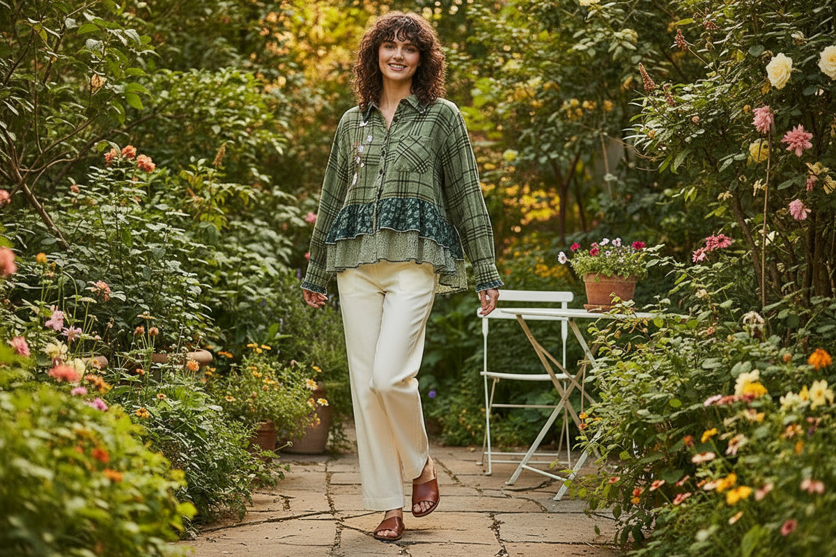 POL Clothing Olive Plaid Patchwork Button-Up Top — relaxed fit full-length lifestyle shot in garden patio brunch setting