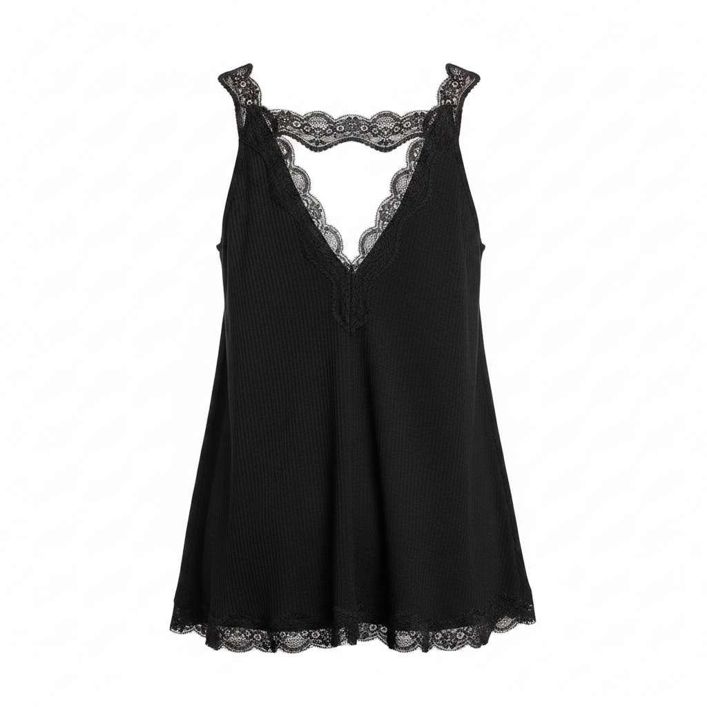 Women's POL black ribbed tank top deep V-back lace trim cutout detail ghost mannequin back view
