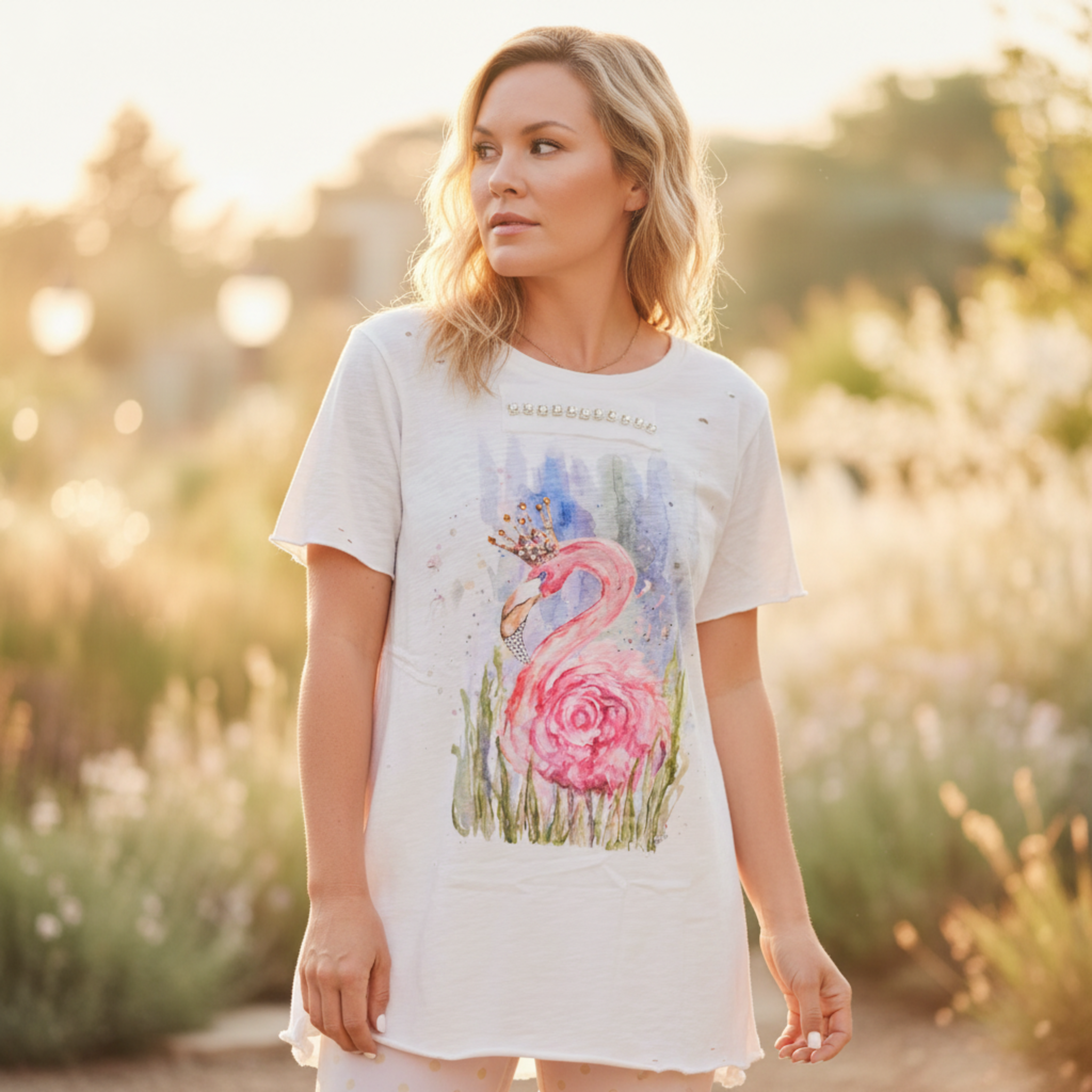 Women's white flamingo graphic tee with rhinestone embellishments, oversized boho fit, golden garden setting