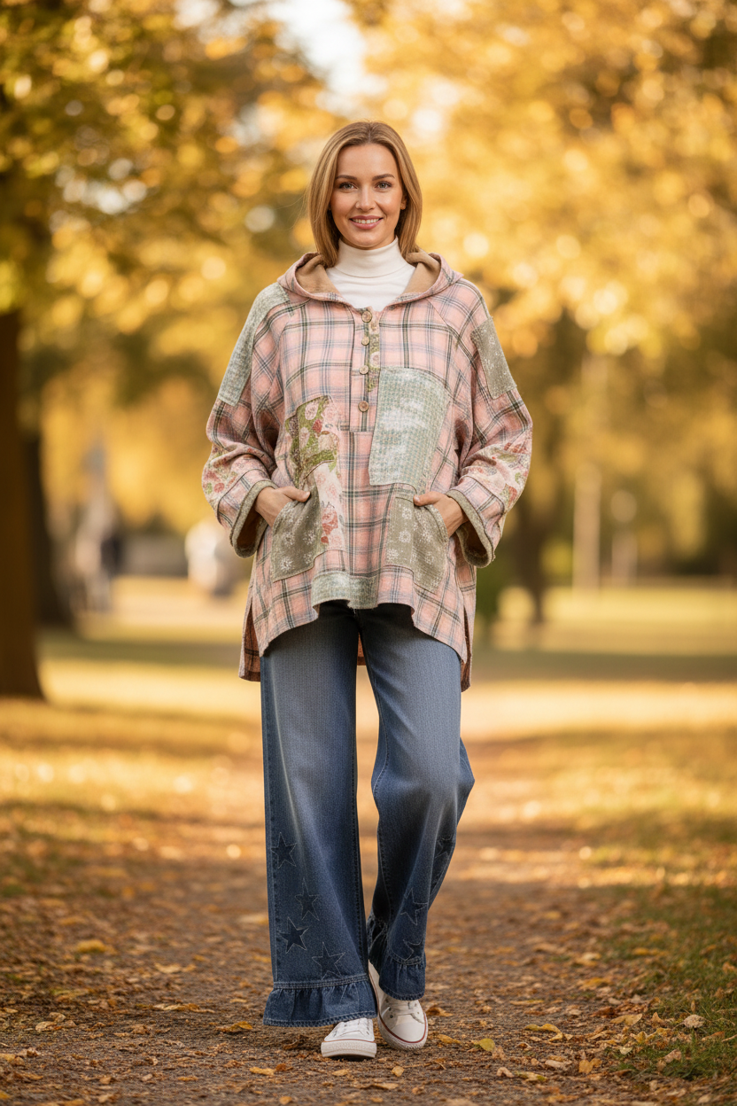 Woman wearing blush pink Bluevelvet oversized patchwork hoodie with floral and plaid patches styled with denim jeans lifestyle photo with bokeh background