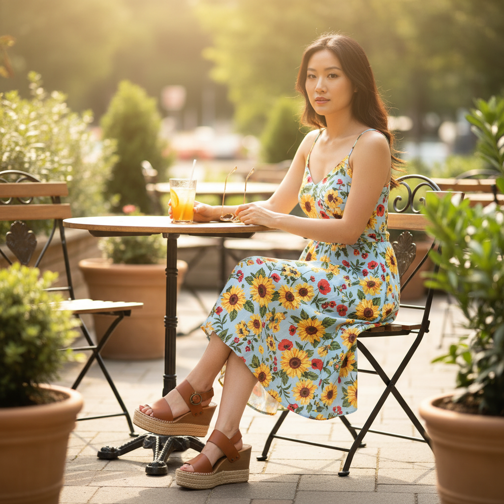 Women's tan PU espadrille wedge sandals with gold ankle buckle worn at outdoor café patio summer casual look