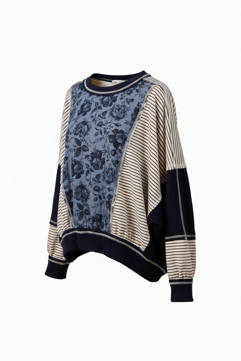 Colorblock Stripe Mix Top Blue/Denim - Three-quarter angle view with interior shoulder detail visible