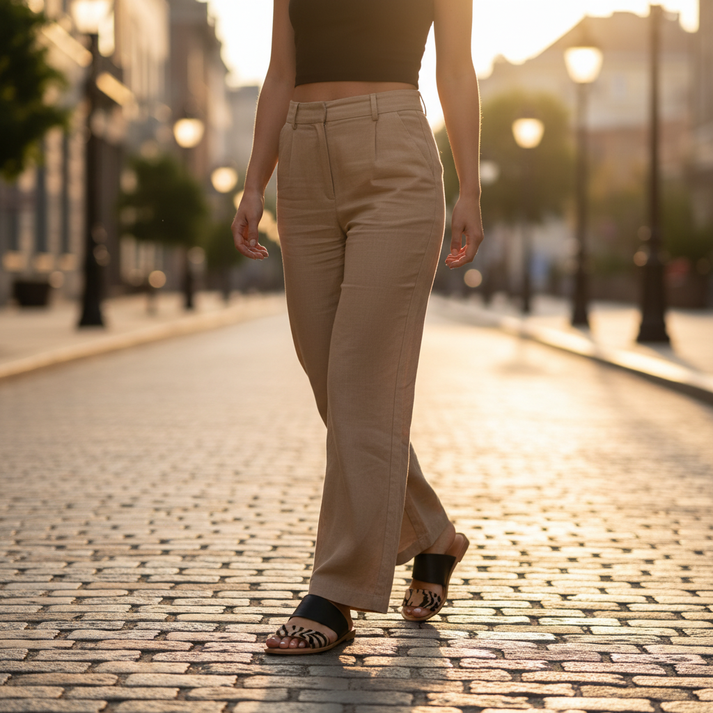 Women wearing tan zebra print two-band flat slide sandals with black strap on cobblestone street summer outfit