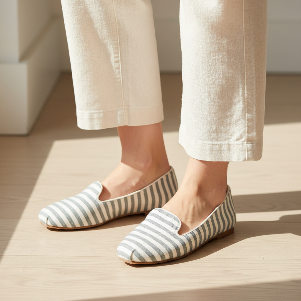 Grey and white stripe slip-on flats worn indoors on wood floor with cropped wide-leg cream linen pants