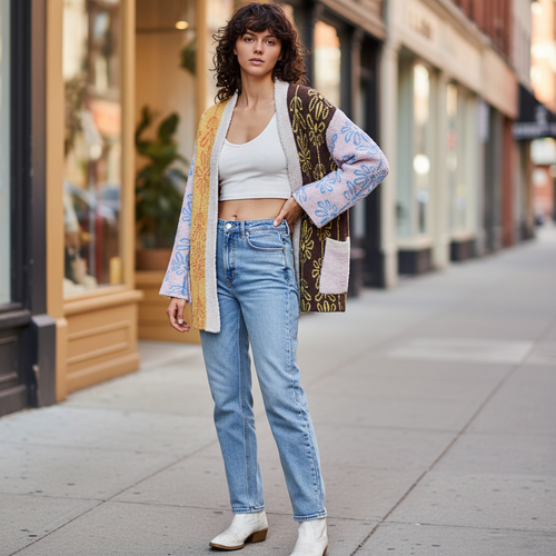 POL colorblock bouclé floral cardigan in cream pink yellow brown, open-front boho layer, city street style - BellanBlue