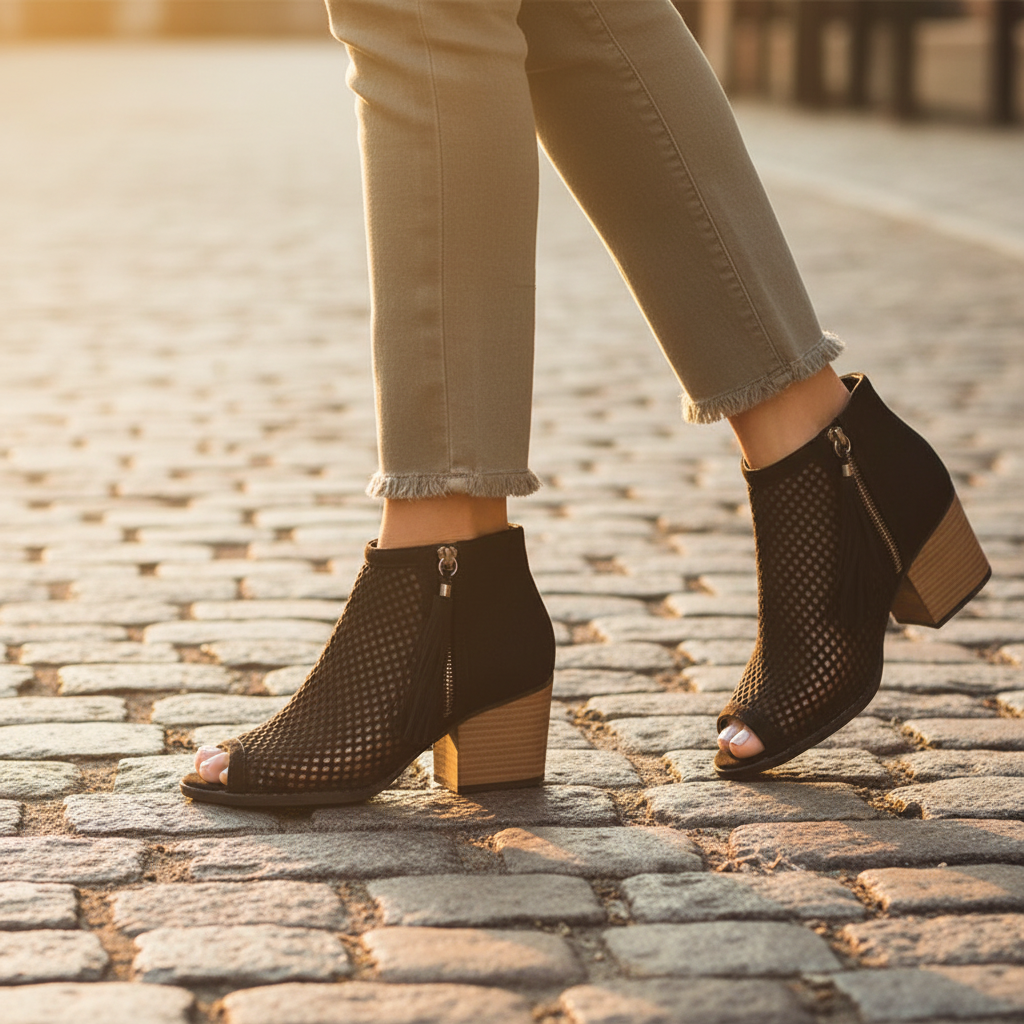 Black perforated peep-toe booties with fringe tassel worn while walking on cobblestone street, golden hour light
