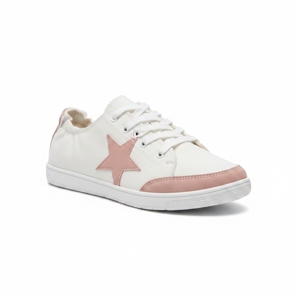 Women's white canvas sneaker with blush pink suede star patch 3/4 front angle lace-up low top - BellanBlue