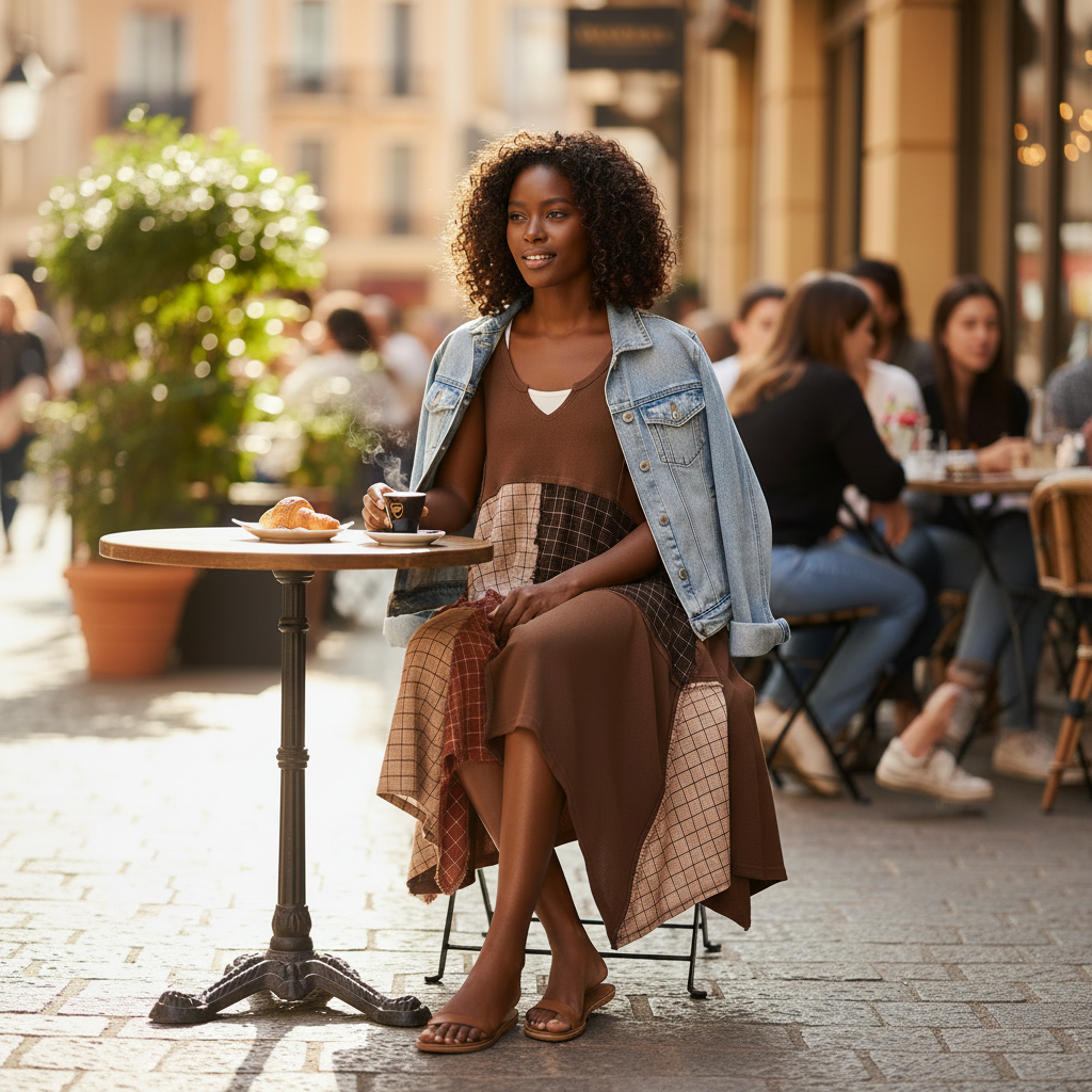 Women's mocha patchwork plaid asymmetric tank dress styled with denim jacket and sandals at outdoor café