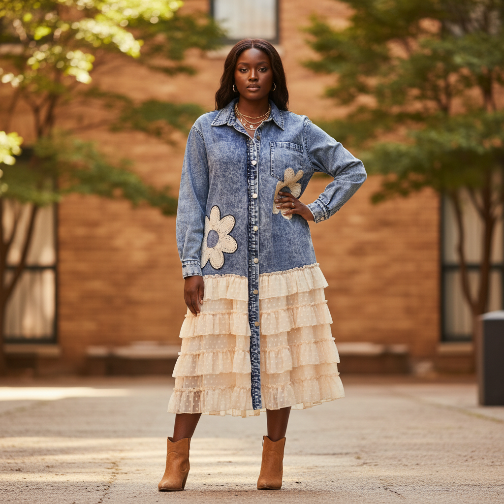 Women's washed indigo denim shirt dress with crochet daisy appliqué and cream ruffle skirt - BellanBlue
