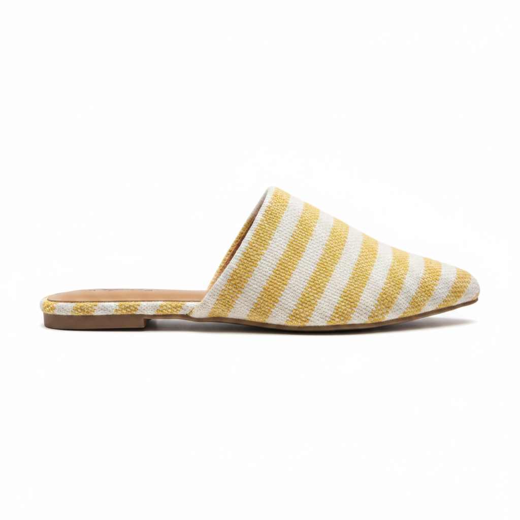 Side profile of women's yellow stripe woven mule with pointed toe and flat sole on white background