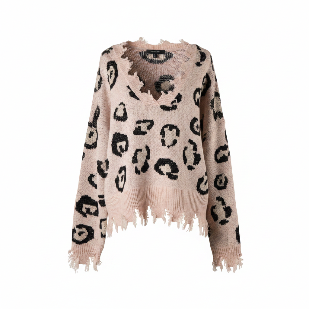 Women's blush pink leopard print distressed knit sweater, ghost mannequin front, frayed V-neckline, oversized fit