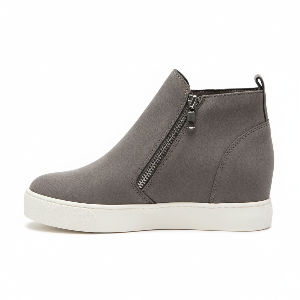 Gray suede wedge sneaker bootie opposite side showing second zipper