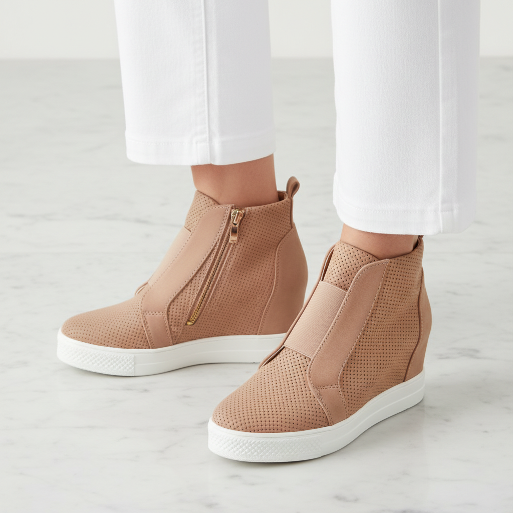Woman wearing blush perforated wedge sneaker booties with gold zip and white platform sole, white trousers, marble surface