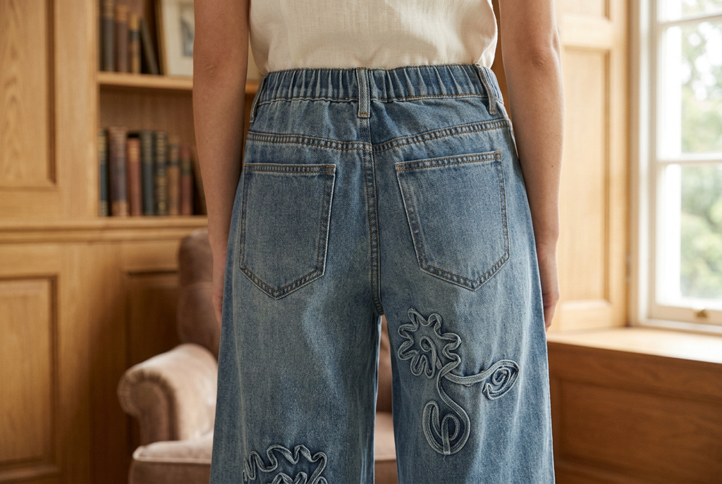 Back detail of blue jeans with a gathered elastic waistband, belt loops, patch pockets and floral applique.