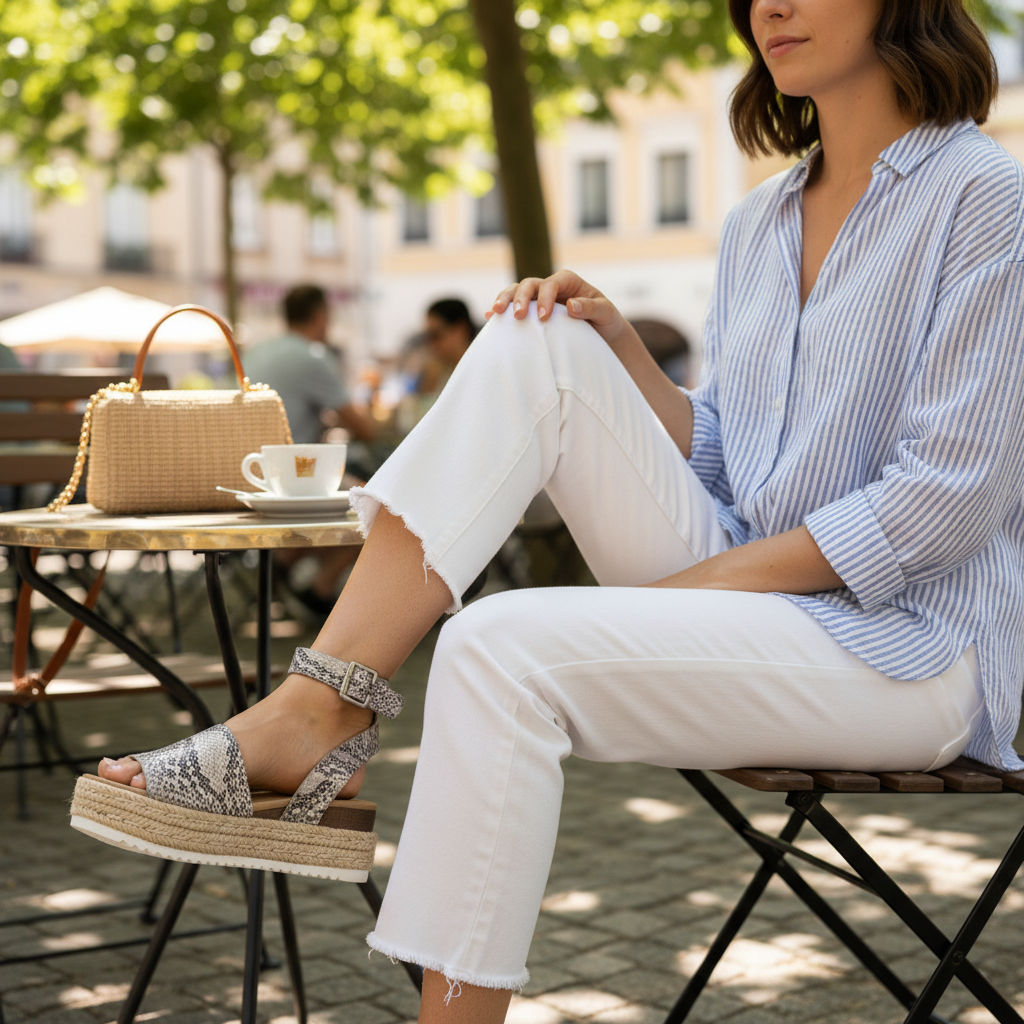 Women's beige python espadrille platform sandals with jute sole styled with white jeans at outdoor café summer look