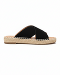 Black espadrille slide sandals side profile showing platform height
