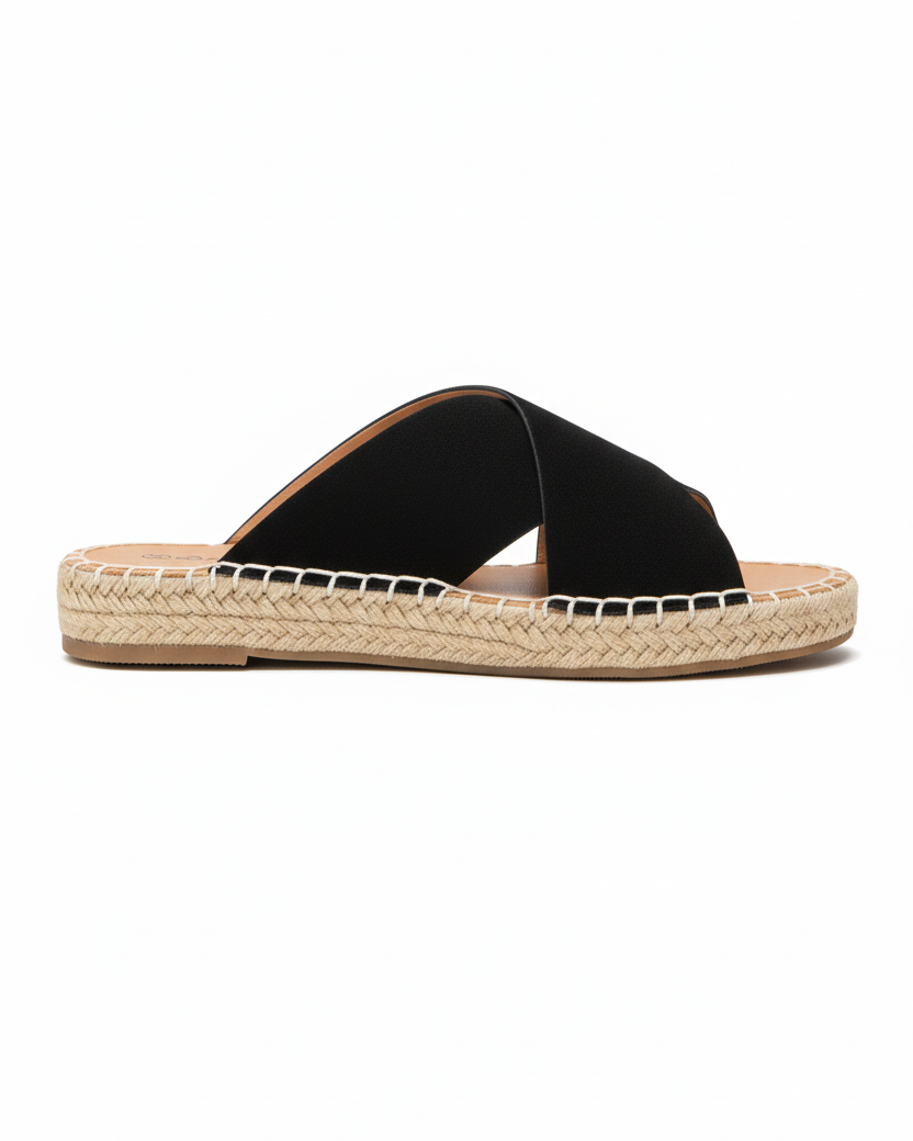 Black espadrille slide sandals side profile showing platform height