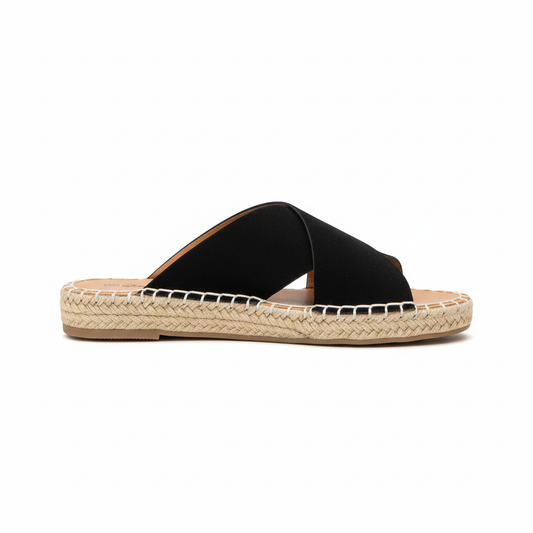 Black espadrille slide sandals side profile showing platform height