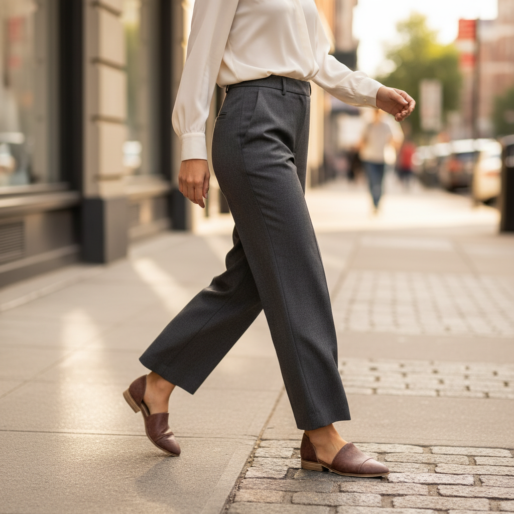 Women's cognac brown D'Orsay cutout pointed toe flats styled with wide leg trousers city street look - BellanBlue
