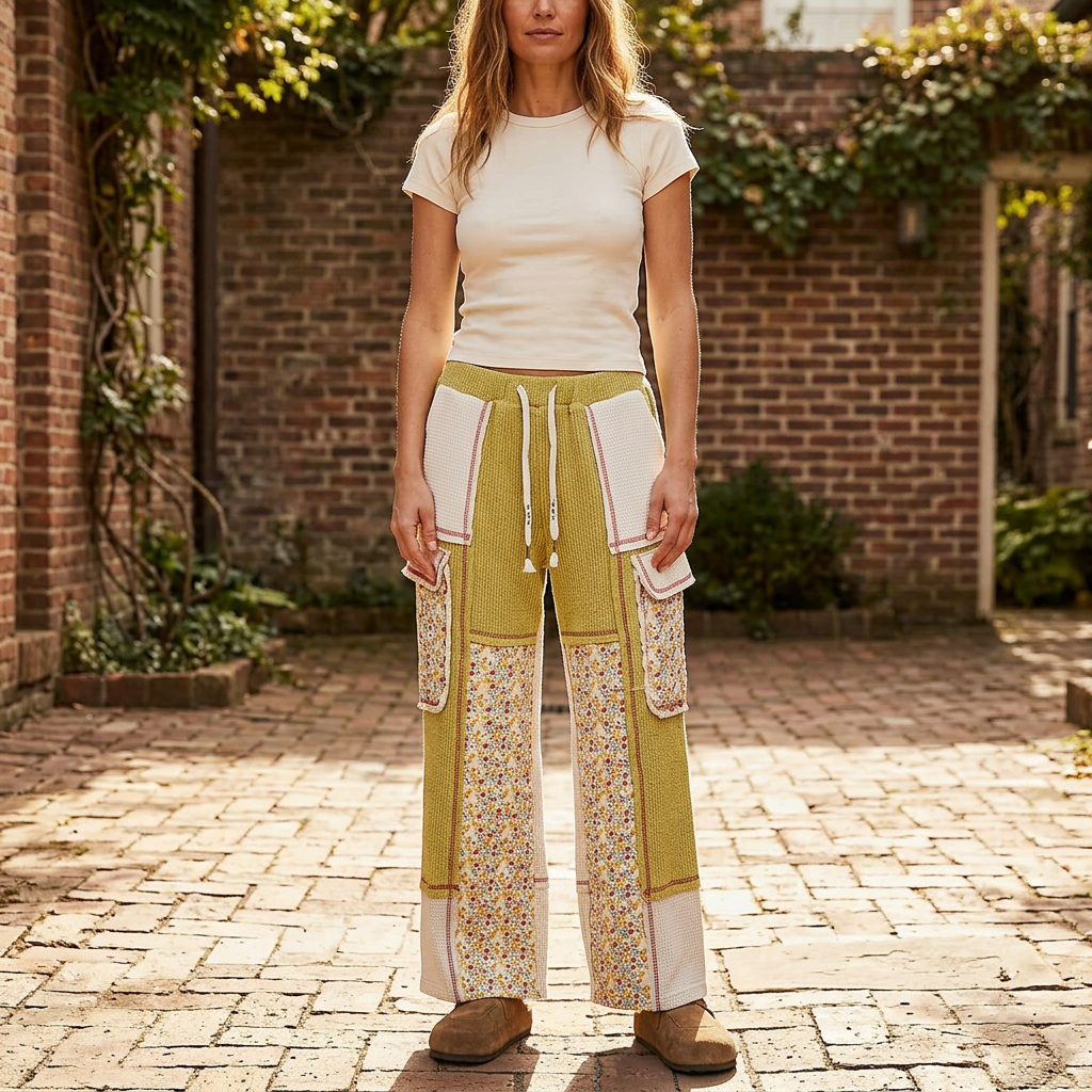 POL Clothing women's lime green floral patchwork wide-leg pants in a brick courtyard - BellanBlue