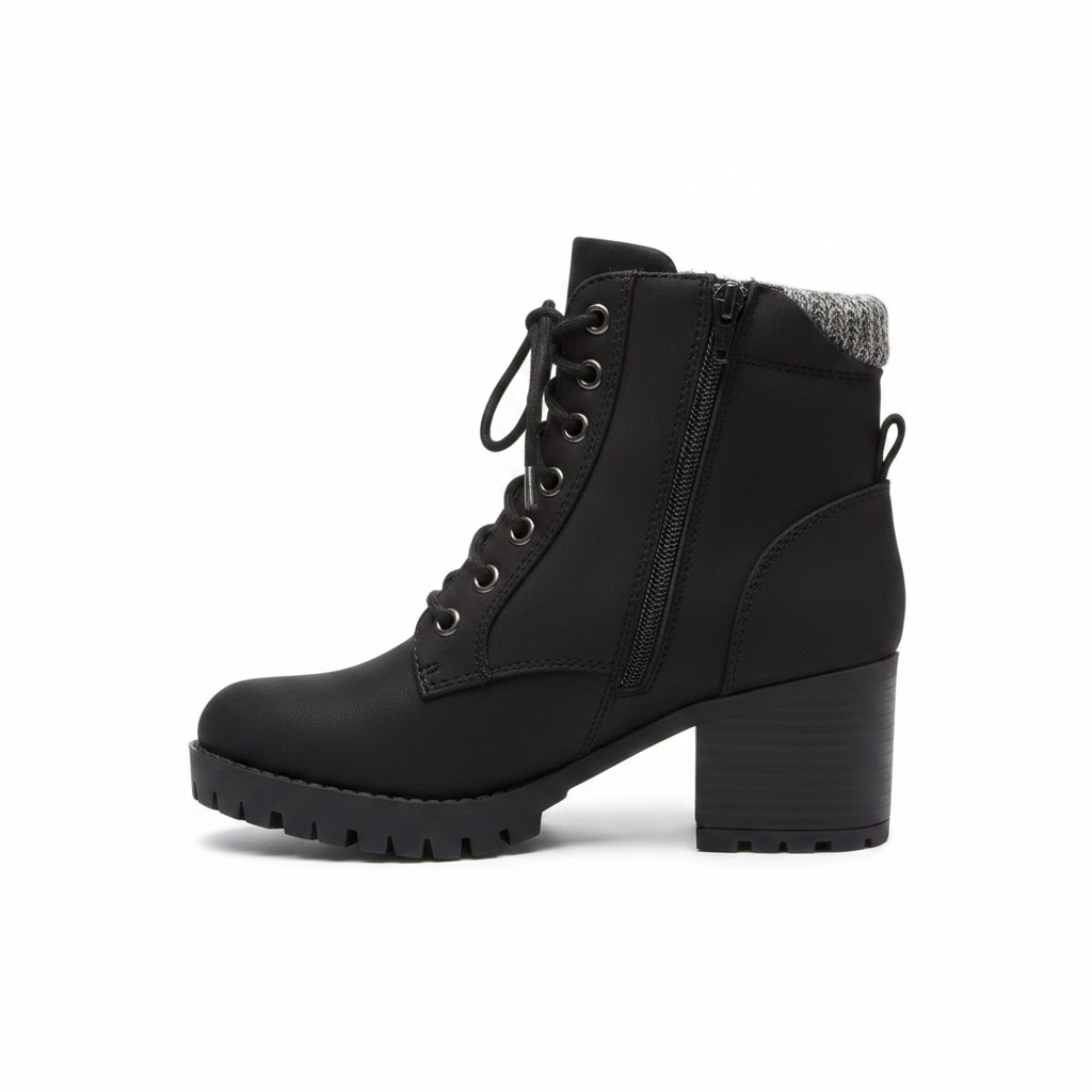Soda SINGLE-S black ankle boot outer side profile, silver eyelets, side zipper and lug sole