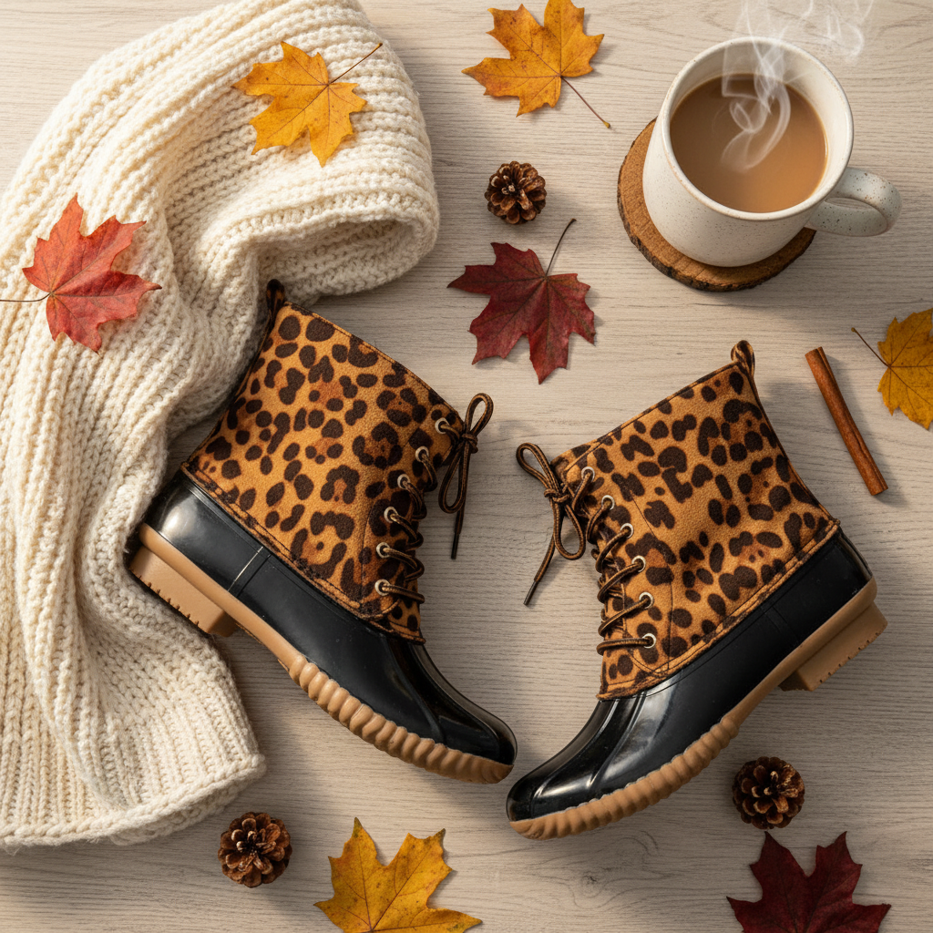 Flat lay of leopard duck boots with fall accessories - seasonal styling