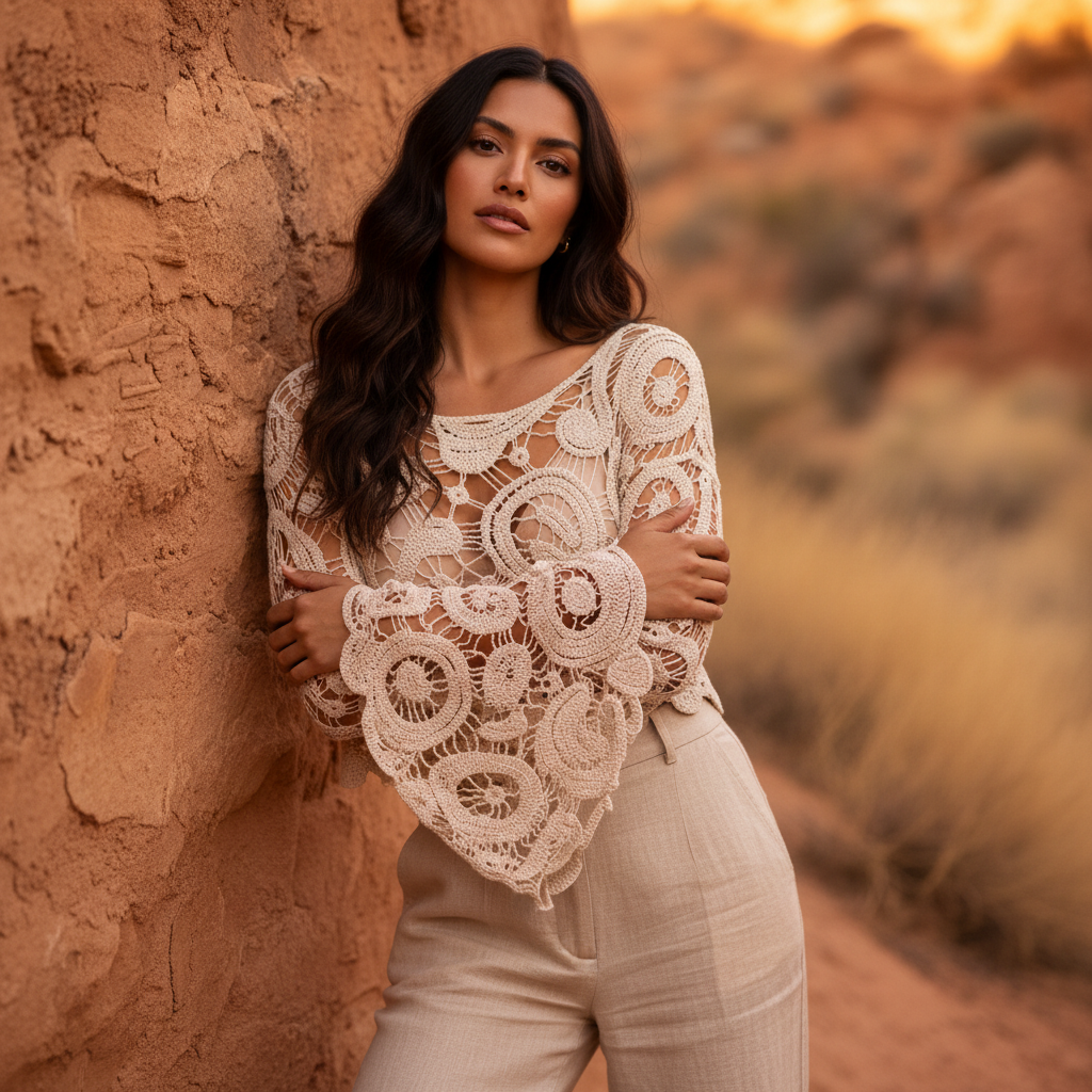 Women's beige open-weave crochet crop top flowing bell sleeves desert golden hour tan linen pants