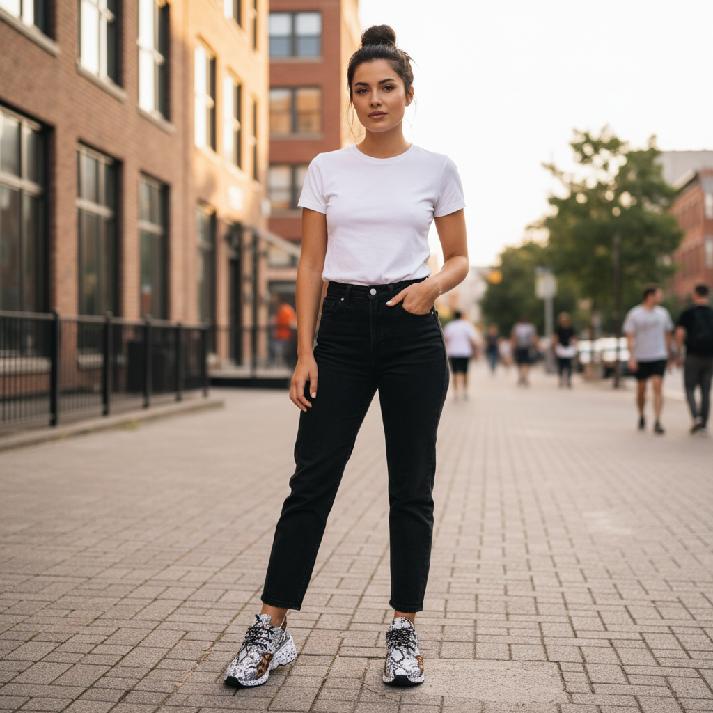 Woman wearing mixed animal print chunky platform sneakers with black jeans and white tee on a city sidewalk, streetwear style