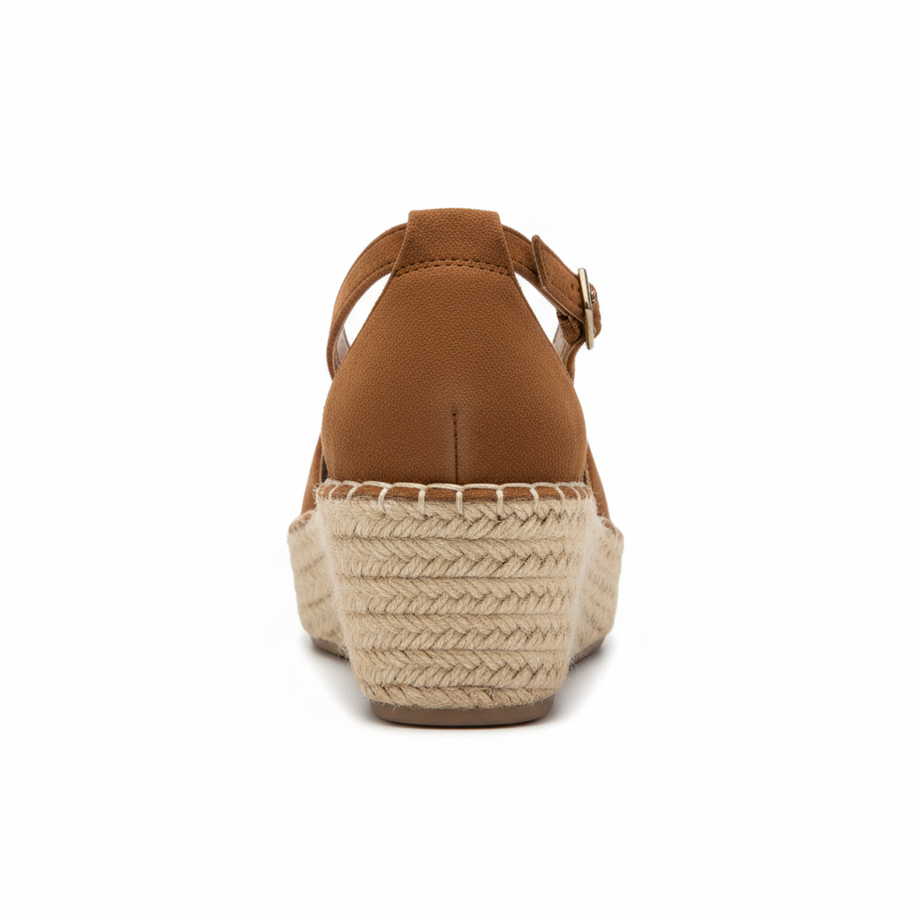 Brown suede espadrille wedge sandal - back view showing heel and ankle strap