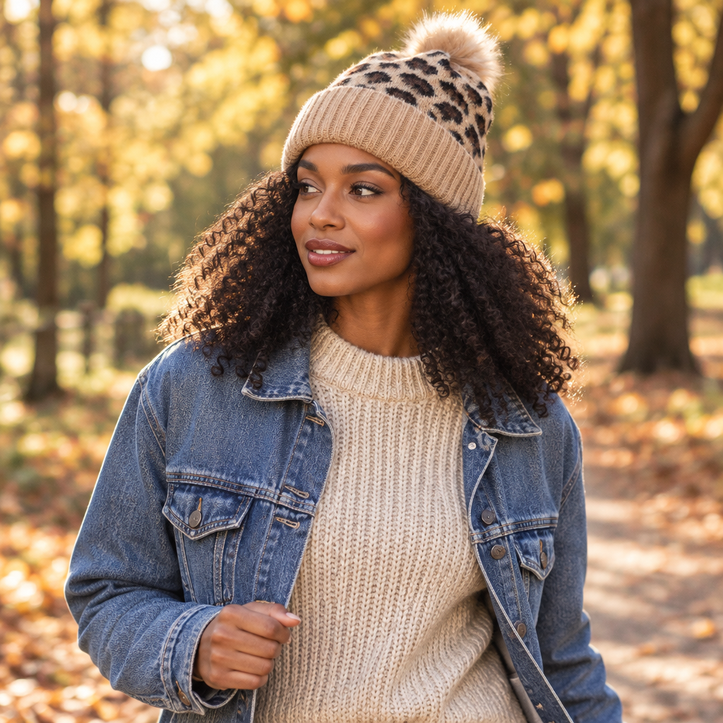 Leto Collection camel leopard print beanie with pom pom styled with a denim jacket on an autumn park path