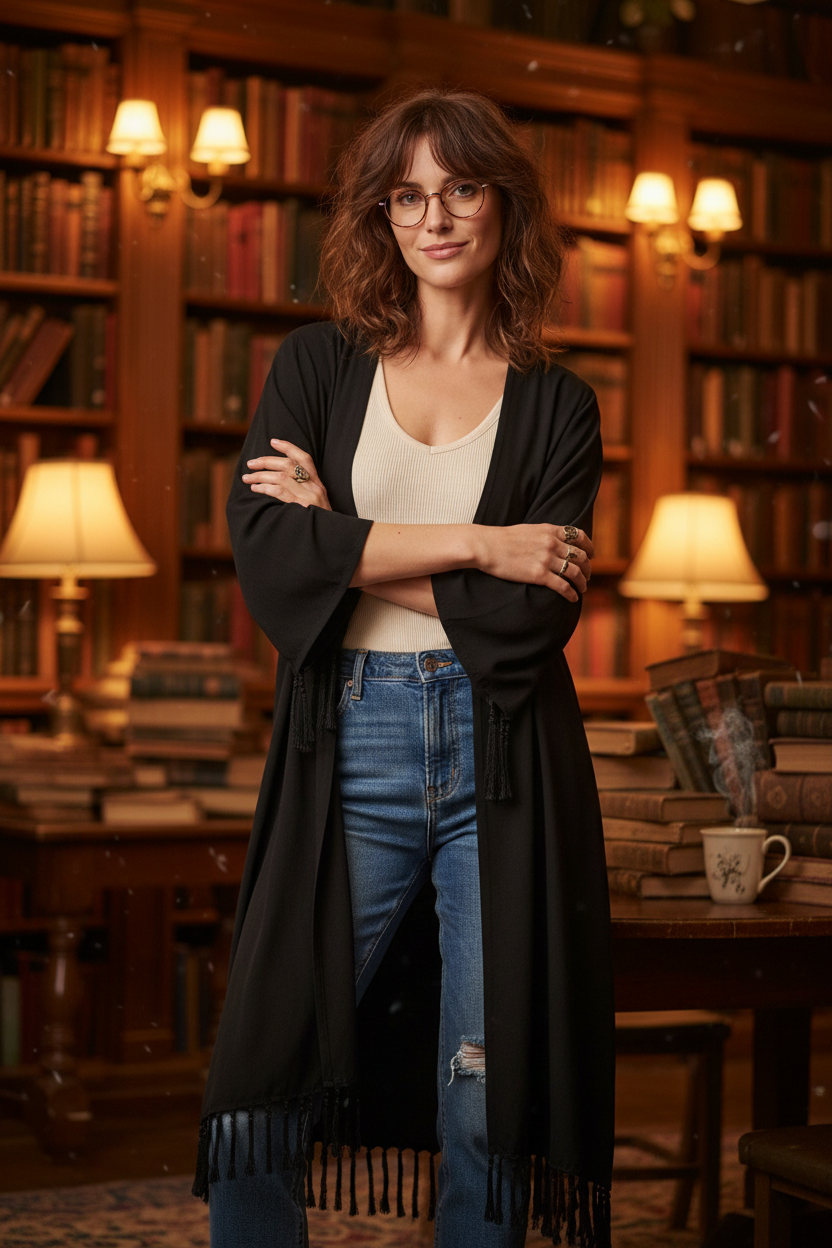 Black women’s longline tassel trim kimono wrap styled in bookstore