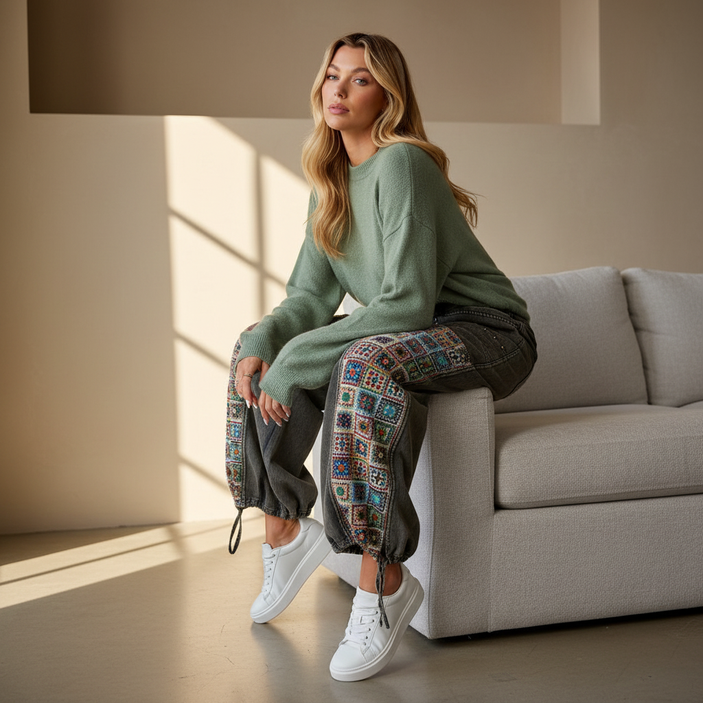 Easel Clothing women's washed twill wide-leg jogger pants with patchwork panels, modern interior seated styling