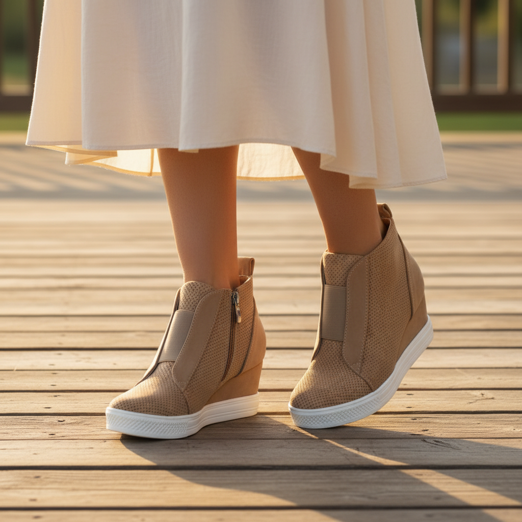 Woman wearing camel perforated wedge sneaker booties with cream midi skirt on warm wooden deck at golden hour