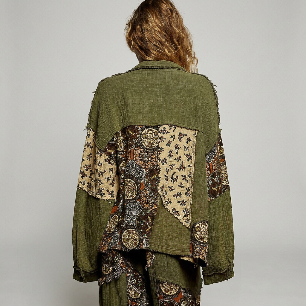 Back view of an olive gauze shirt with cream floral and dark paisley patchwork against a seamless gray background.