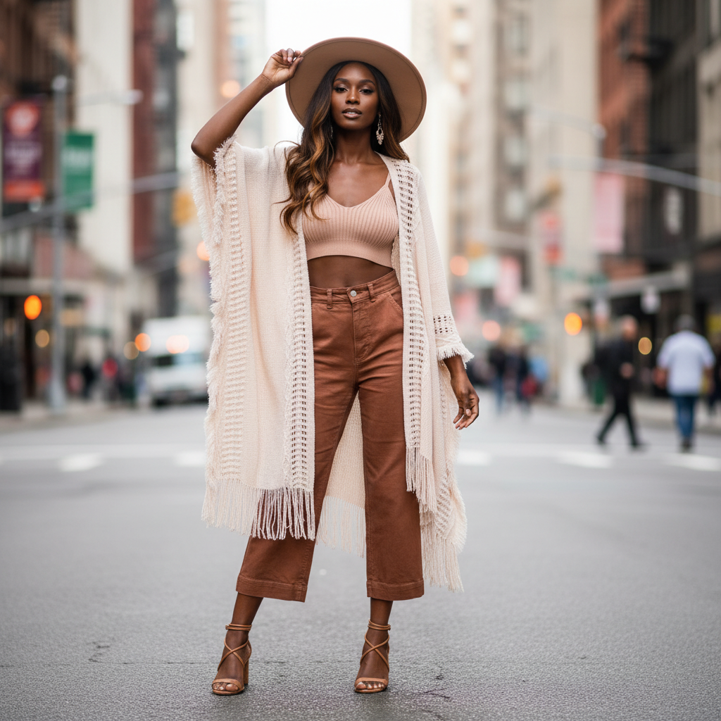 Women's cream beige fringe wrap cardigan draped over shoulders, street style editorial look