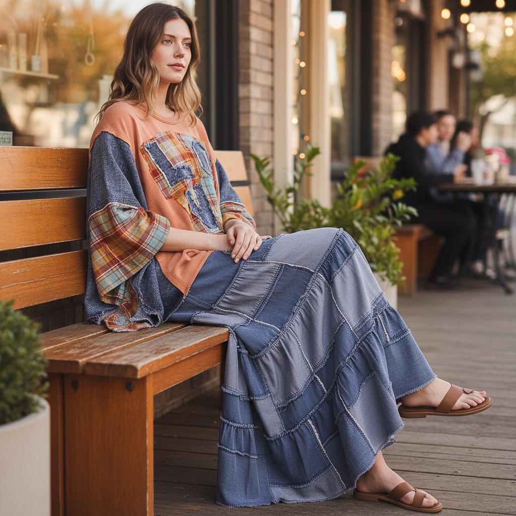 Bluevelvet coral poncho sleeve top with denim plaid patchwork LOVE detail, casual café weekend styling