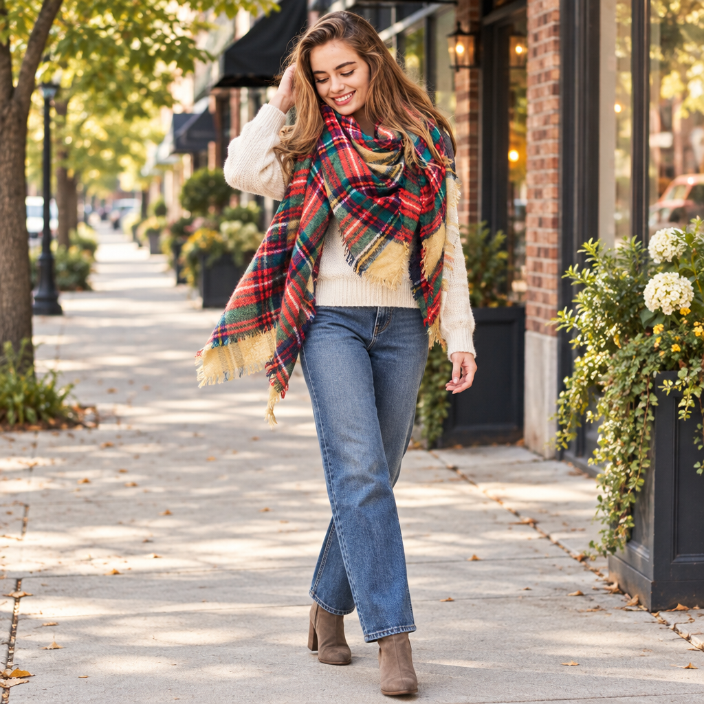 Leto Collection women's plaid blanket scarf in motion on a downtown sidewalk