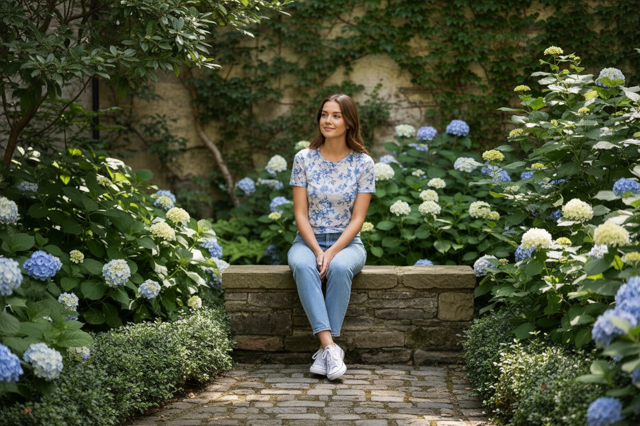 Woman in a floral shirt and jeans standing in a garden with hydrangeas.