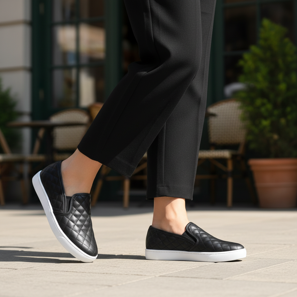 Woman walking on café sidewalk wearing black quilted platform slip-on sneakers with black wide-leg trousers close-up