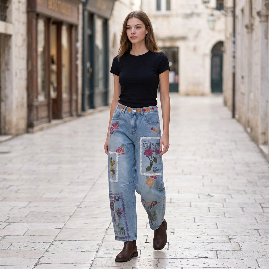 Floral postage print barrel jeans styled with a black tee and ankle boots on a pale stone street