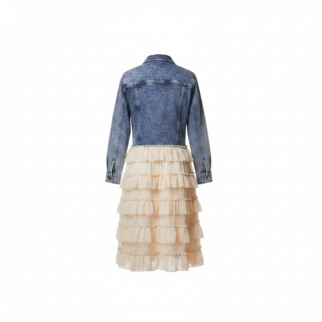 Women's acid wash denim shirt dress with cream tiered ruffle skirt, back view