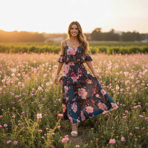 Woman in a floral dress standing in a field of flowers during sunset