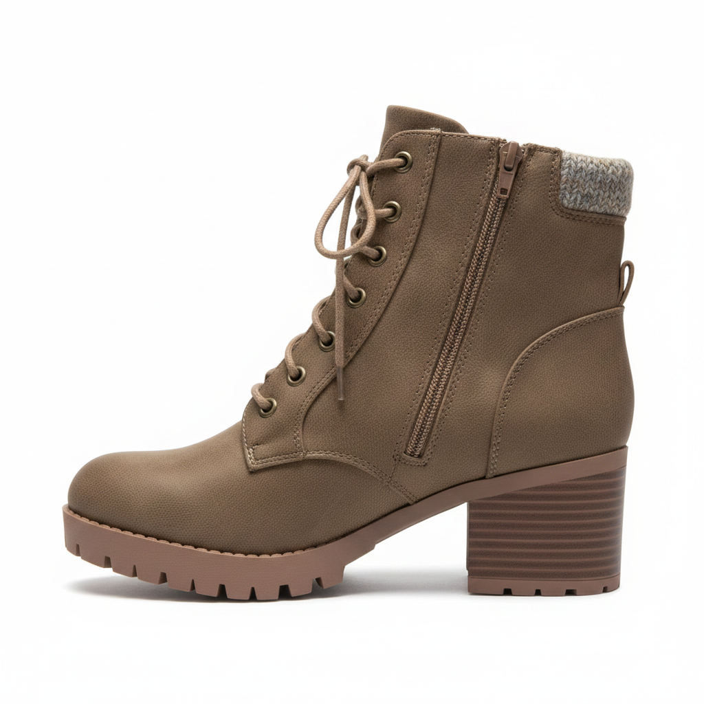 SODA women's taupe lace-up ankle boot side view, side zipper, stacked block heel, chunky lug sole