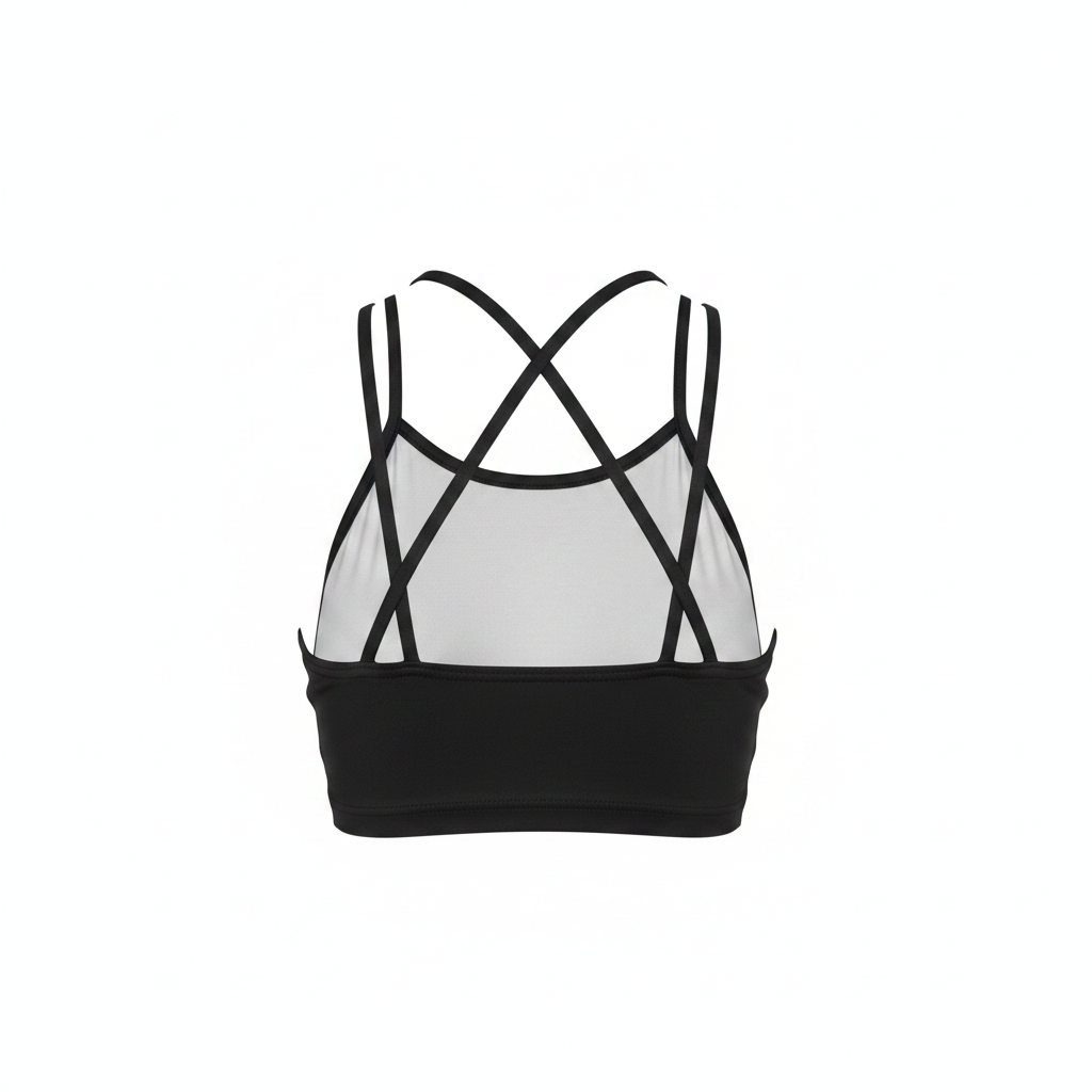 Women's black crop bralette ghost mannequin back, double cross spaghetti straps, hollow interior visible