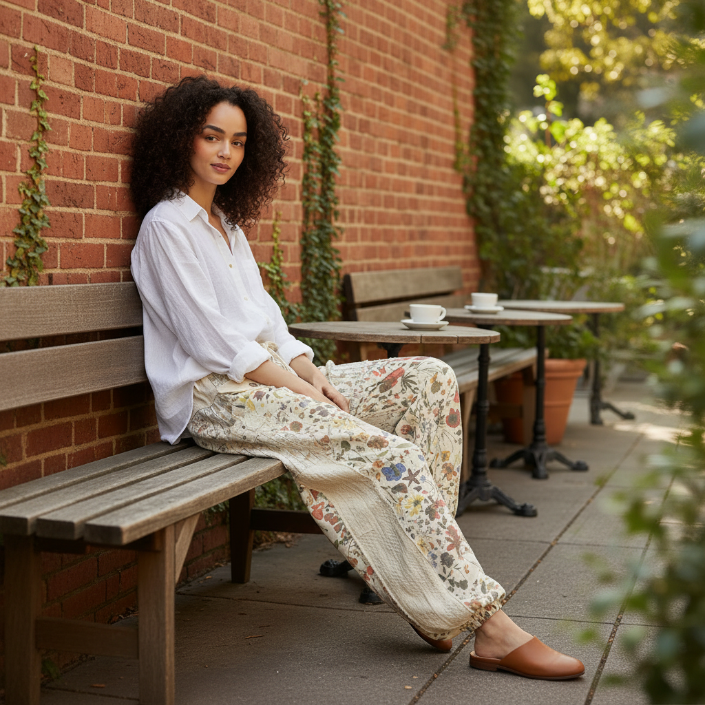 POL women's natural floral patchwork jogger pants seated outdoor brunch look