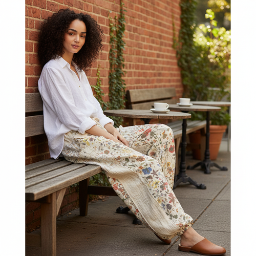 POL women's natural floral patchwork jogger pants seated outdoor brunch look