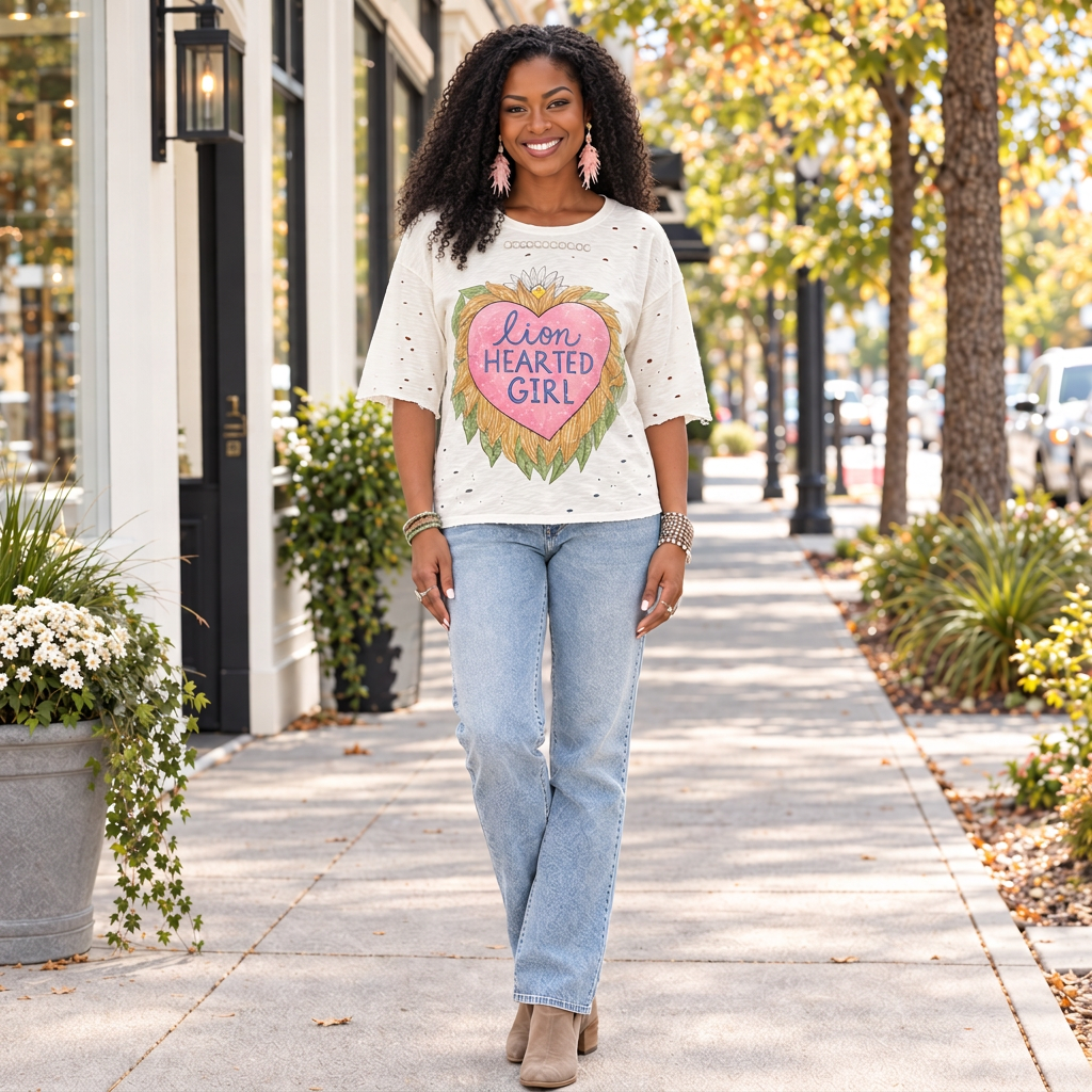 A Rare Bird Shop ivory Lion Hearted Girl tee with half sleeves past the elbow, styled with jeans on a boutique sidewalk